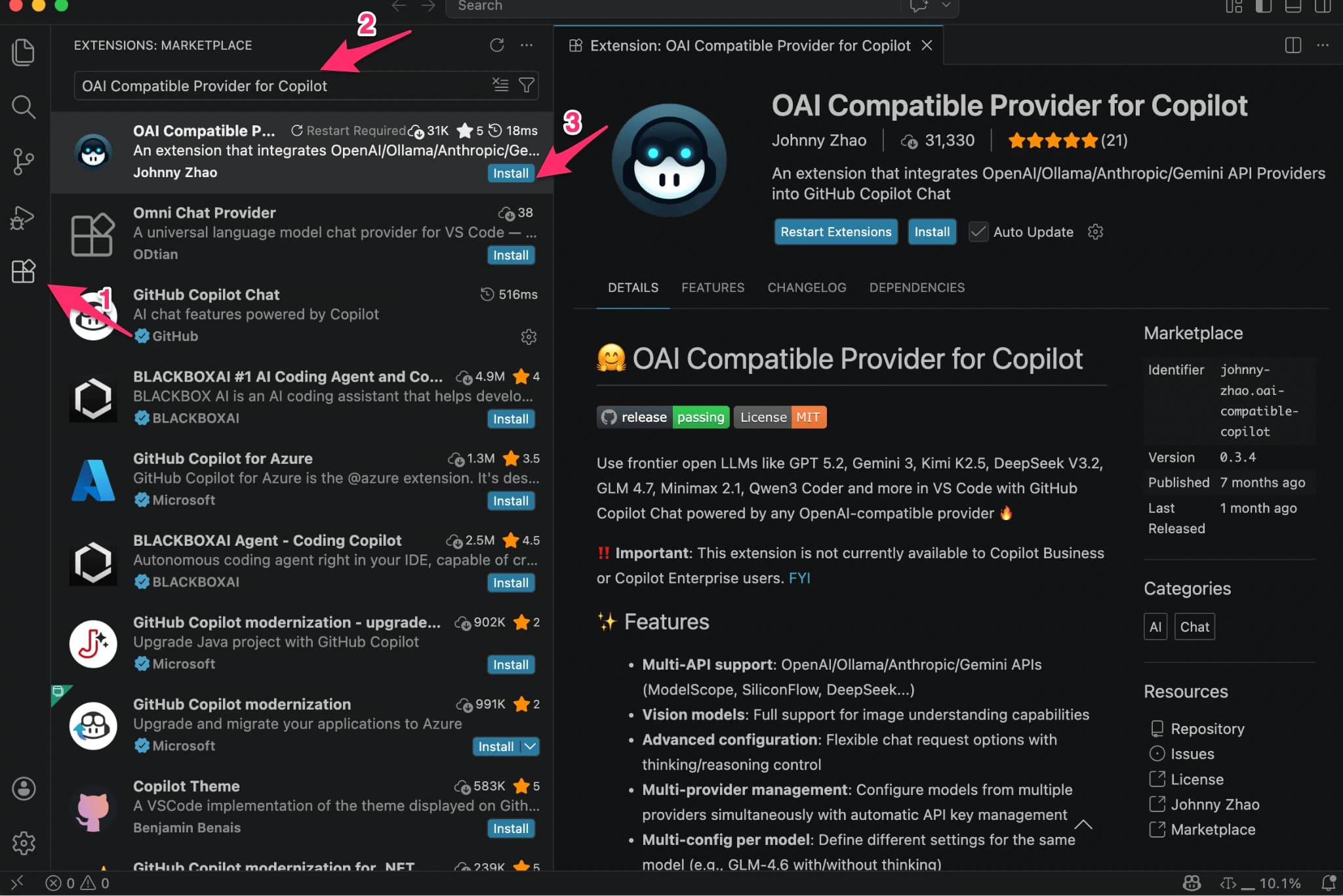 Install OAI Compatible Provider for Copilot extension