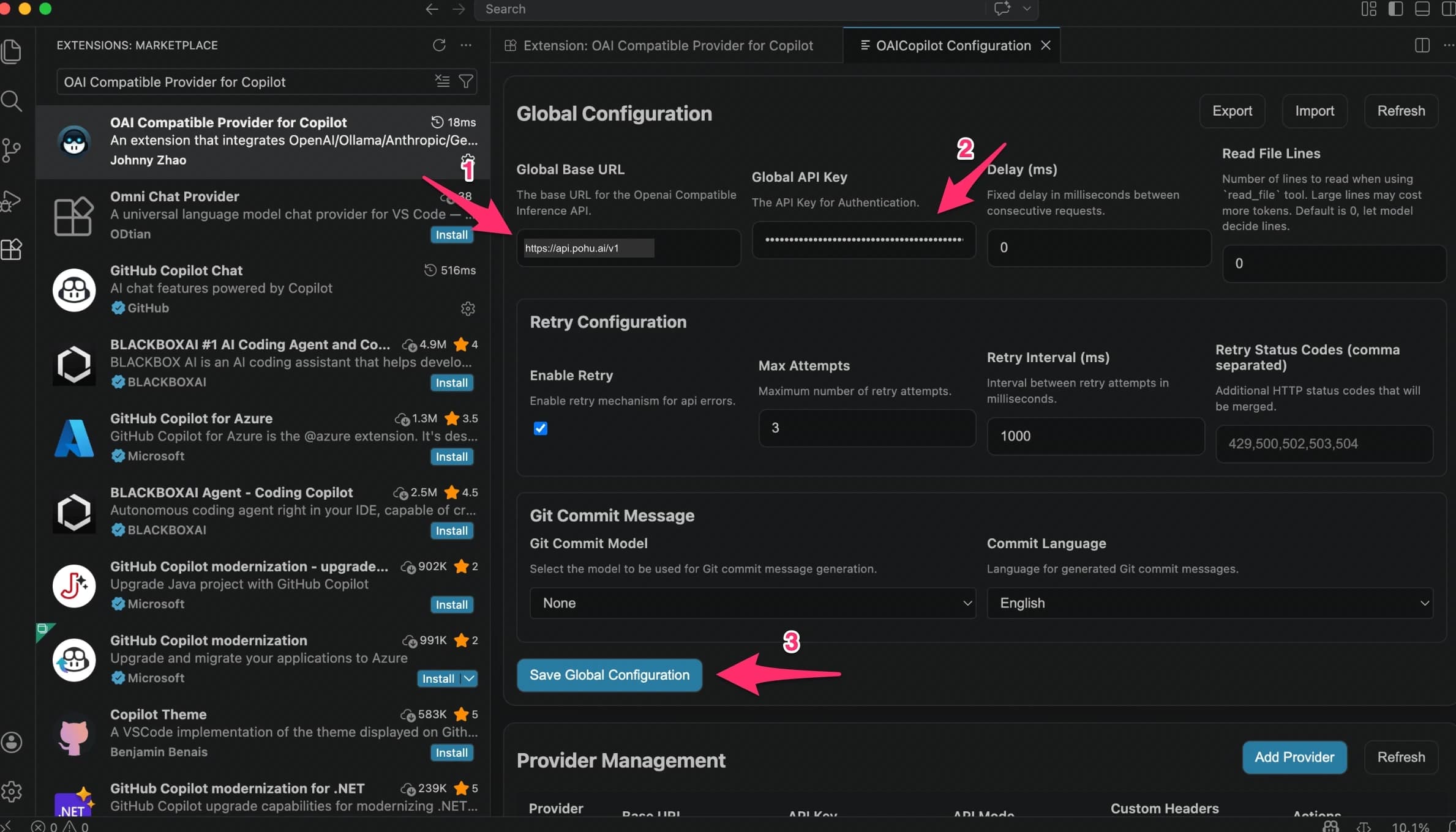 Fill in Global Base URL and API Key then save