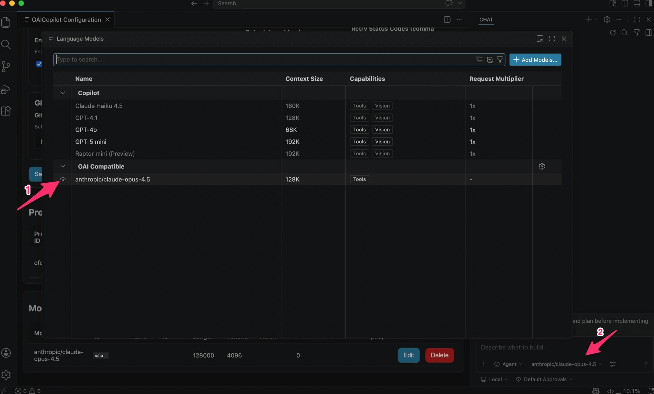 Confirm model appears under OAI Compatible group
