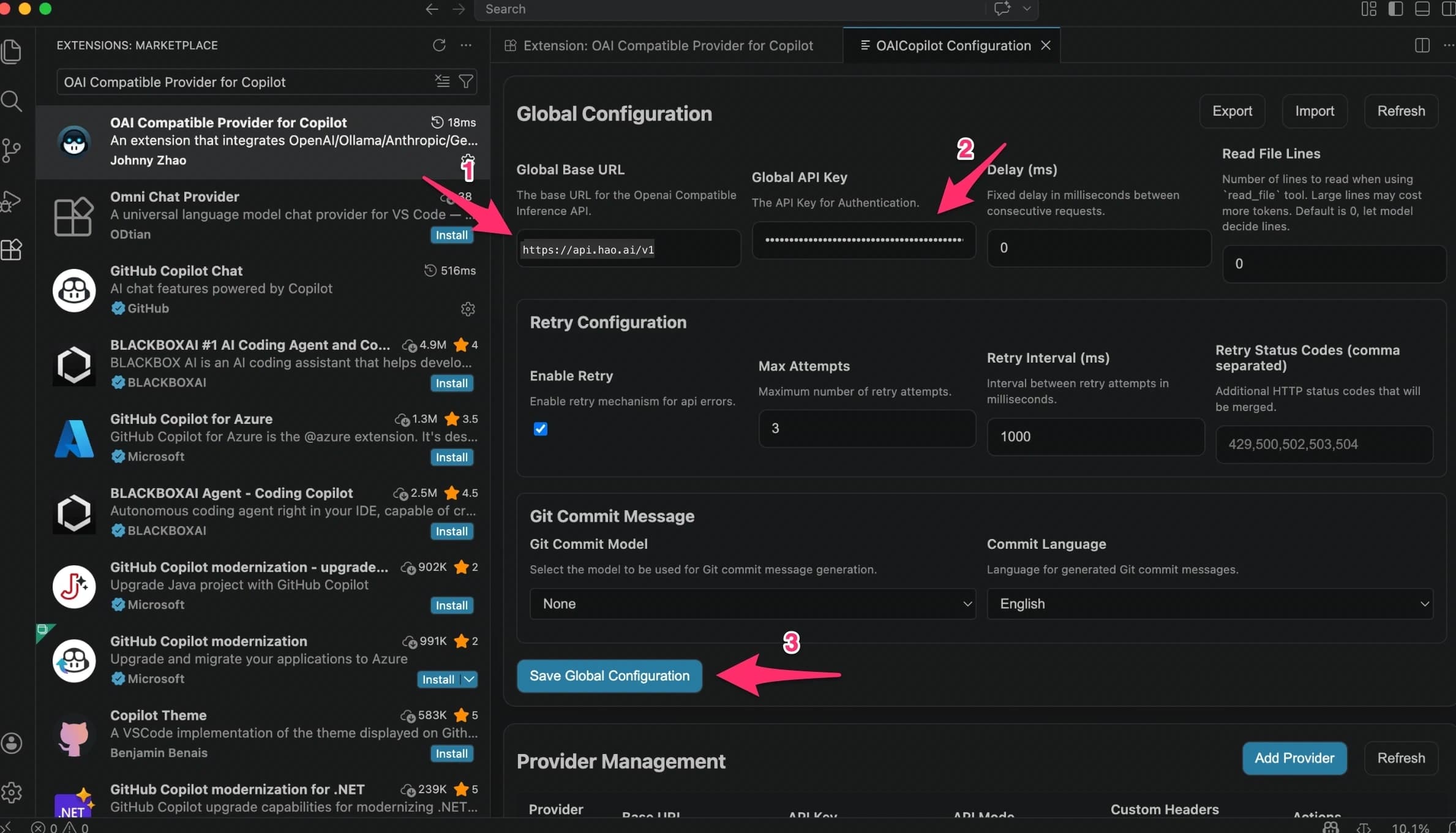 Fill in Global Base URL and API Key then save